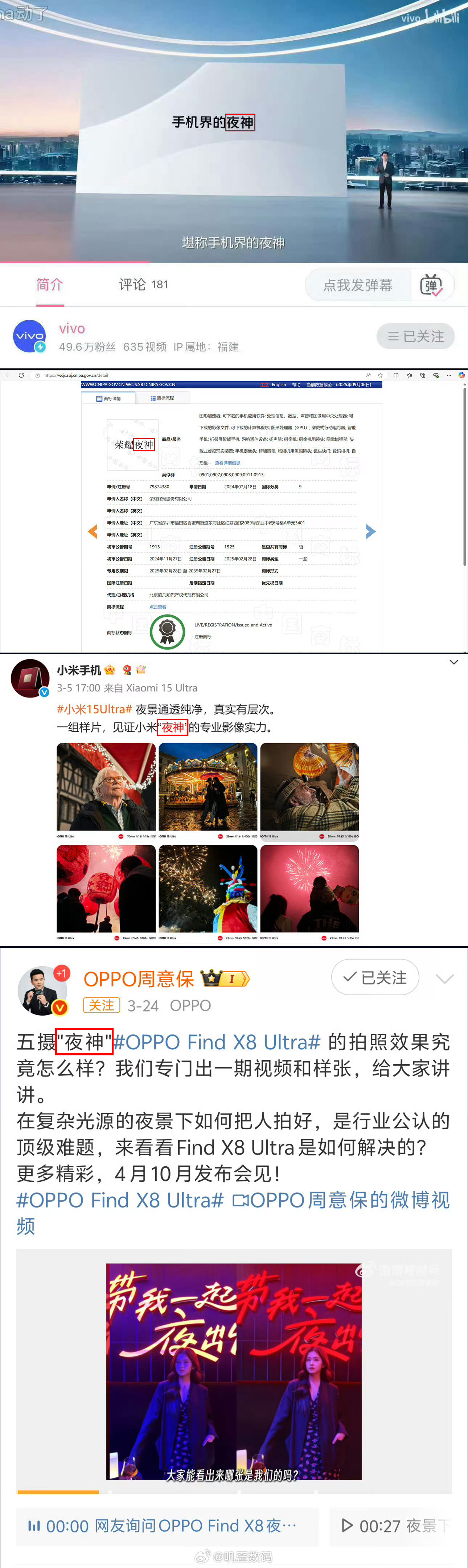 荣耀已经注册夜神商标简单提问，OPPO、小米、荣耀这三家，你认为谁家的旗舰拍照最