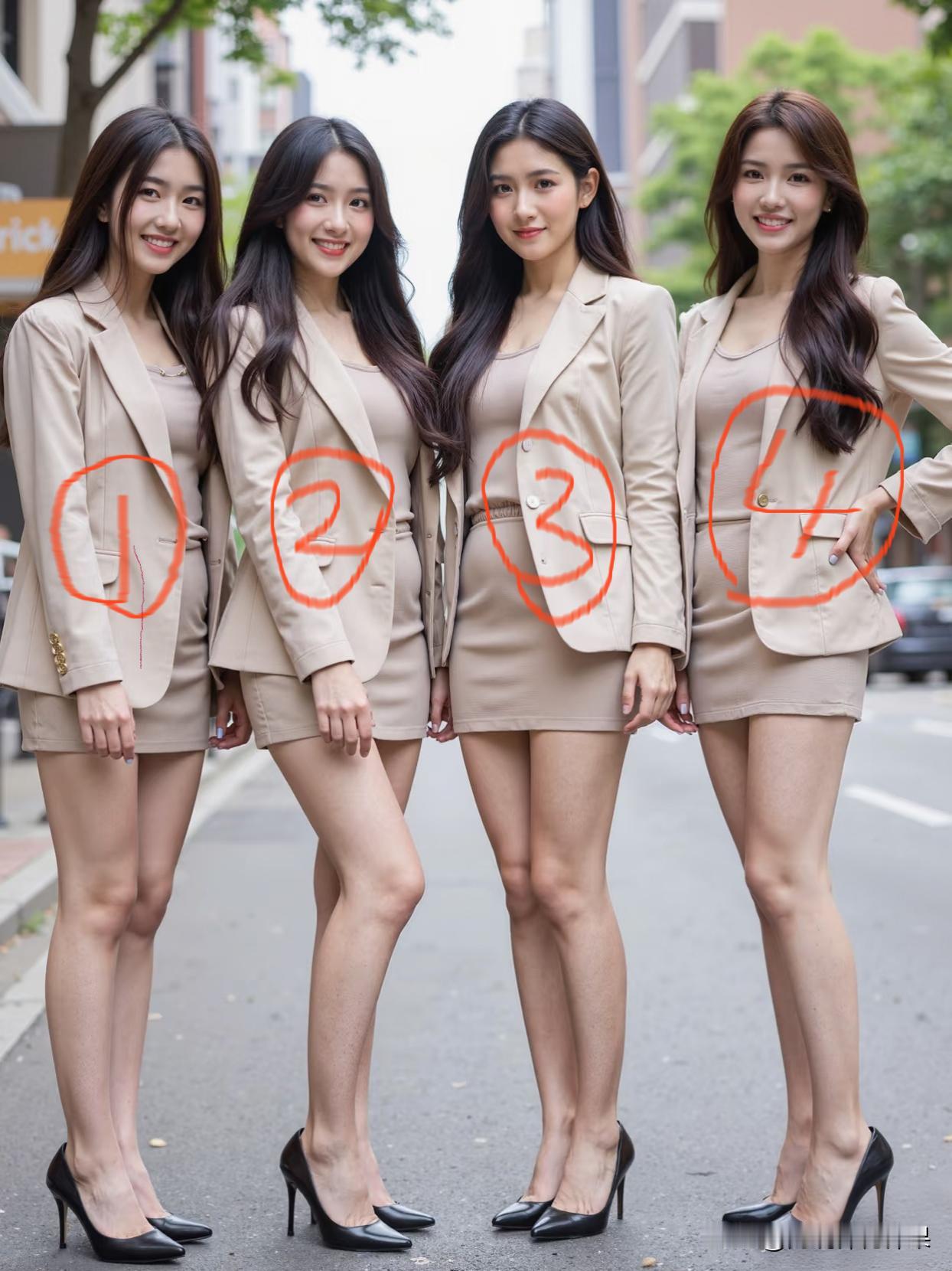 4位气质美女，哪一位最戳你的心？美女职业装女气质街头偶遇四位身穿同色系浅咖