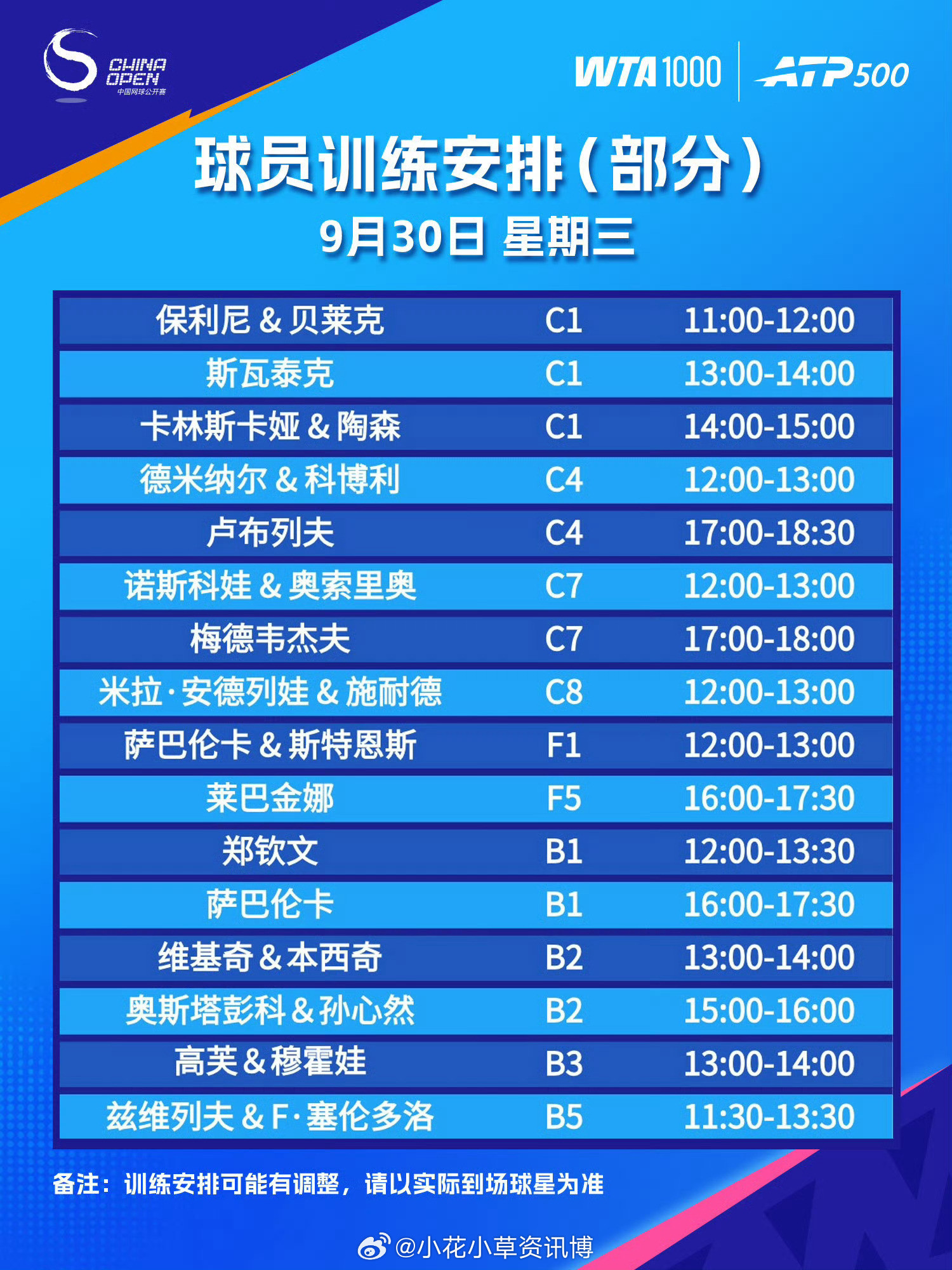 【中网】9月30日训练安排​​​