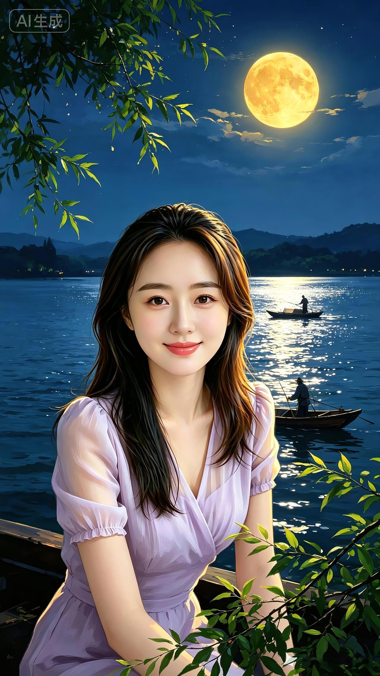月夜江美人一轮皓月悬天边，江水粼粼映玉盘。柳叶青枝垂岸畔，渔舟轻漾水