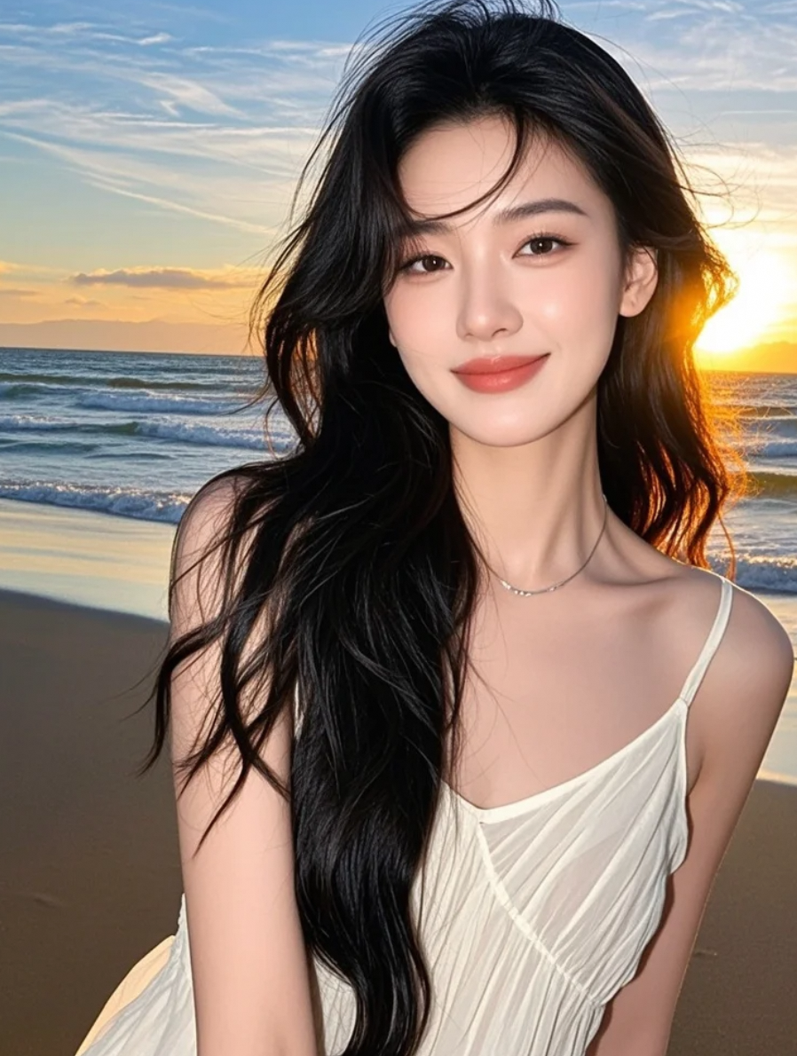 沙滩剪影：长发女神迎着夕阳，姿态优雅，气场全开