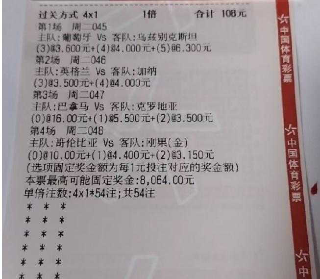 这张“4串1”猜总进球数的彩票，大家觉得中的概率大不大？有可能猜错的会是哪场比赛