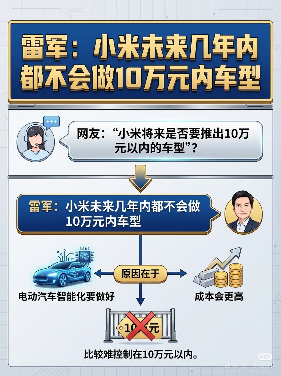 雷军回应是否做10万以内车型电动汽车智能化做好成本会很高，成本不好控制!网友:小