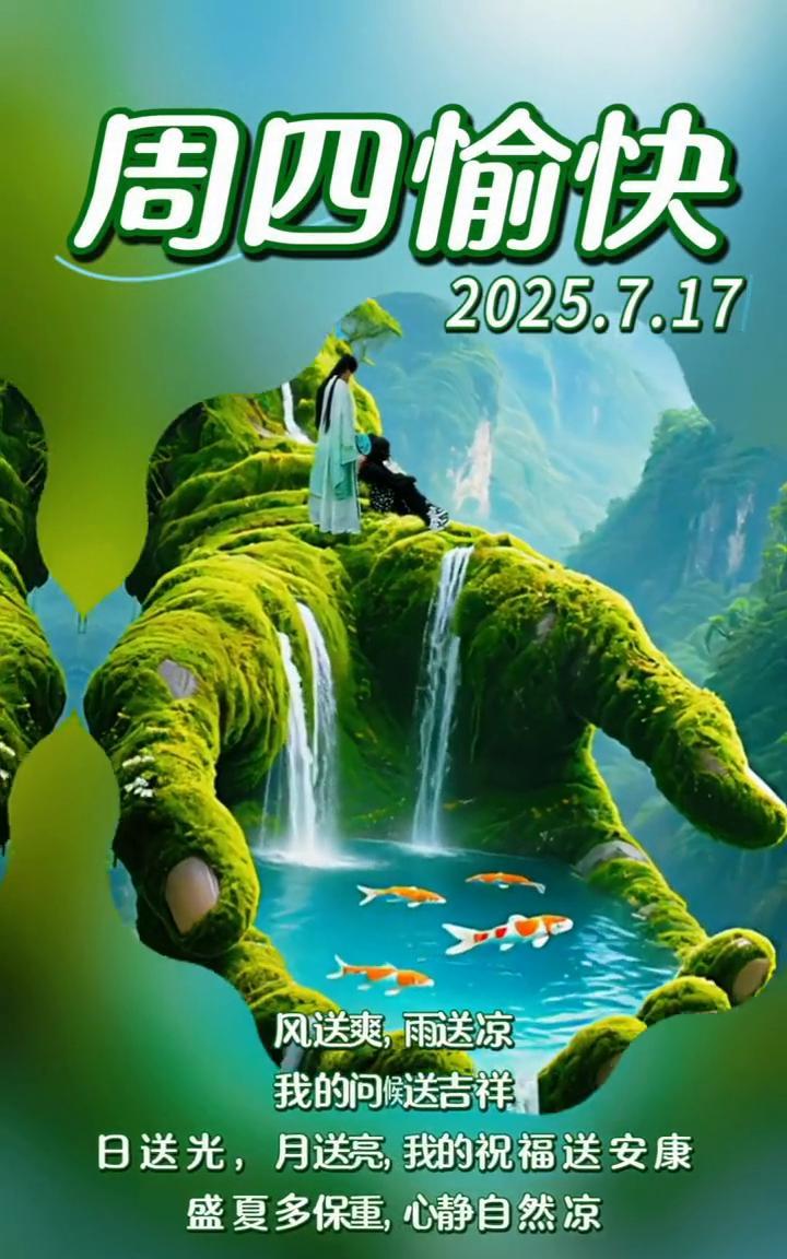 周四愉快。风送爽，雨送凉，我的问候送吉祥。日送光，月送亮，我的祝福送安康。盛夏