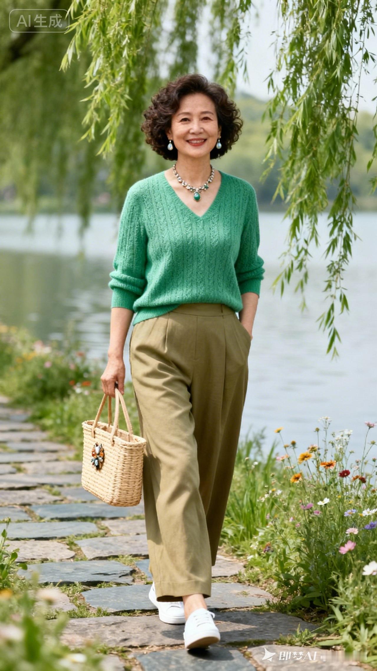 优雅漫步湖畔，绿意盎然，时尚穿搭！