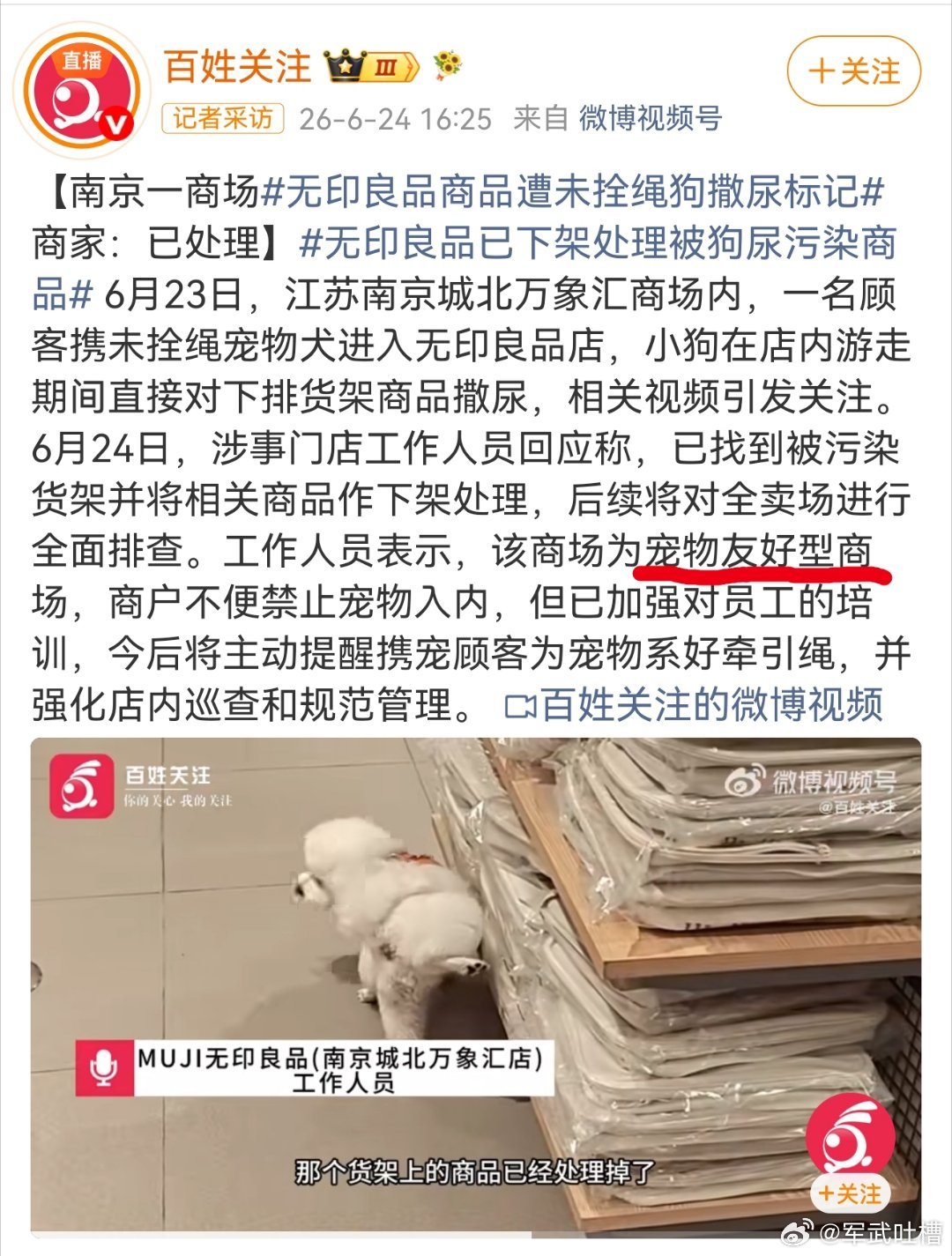 宠物友好商场，宠物友好餐厅，注意避坑就行了无印良品商品遭未拴绳狗撒尿标记
