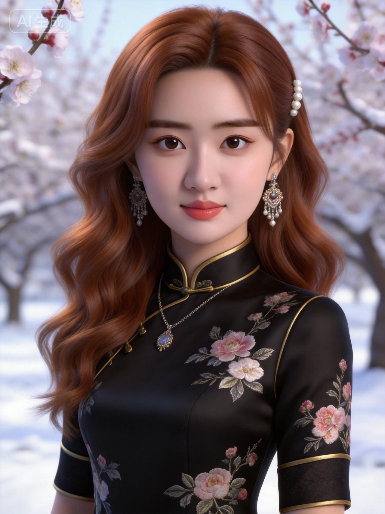 樱花树下，红发美人，优雅旗袍，春意盎然