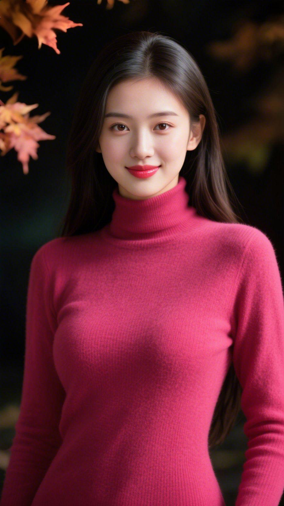 《秋光裹身的绯暖》深棕长发垂在秋的底色里，她身上的绯红像妥帖的晚霞，落进柔