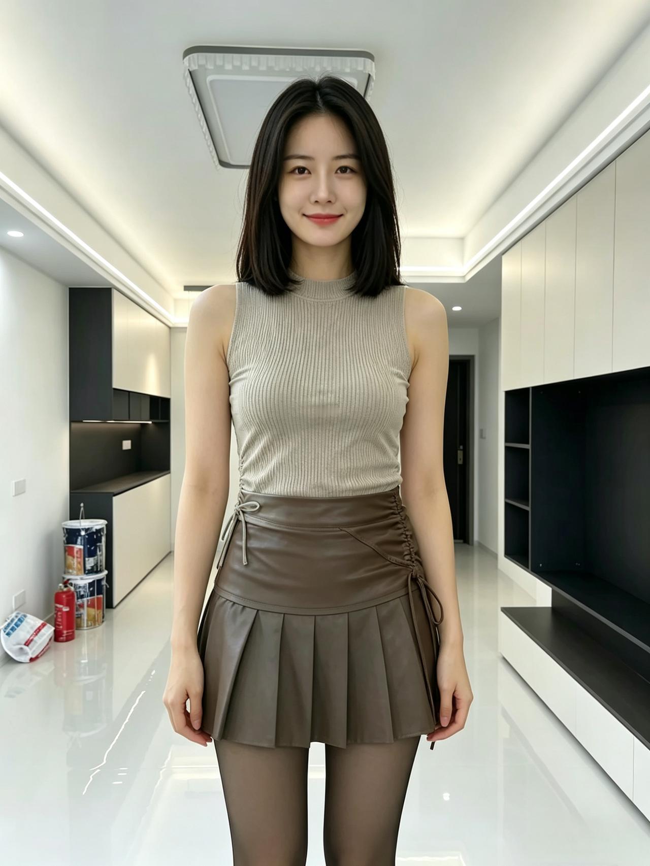 针织半领风情浅，柔骨清姿。棕裙相宜，一抹从容最惹思。闲行内外皆成景，笑