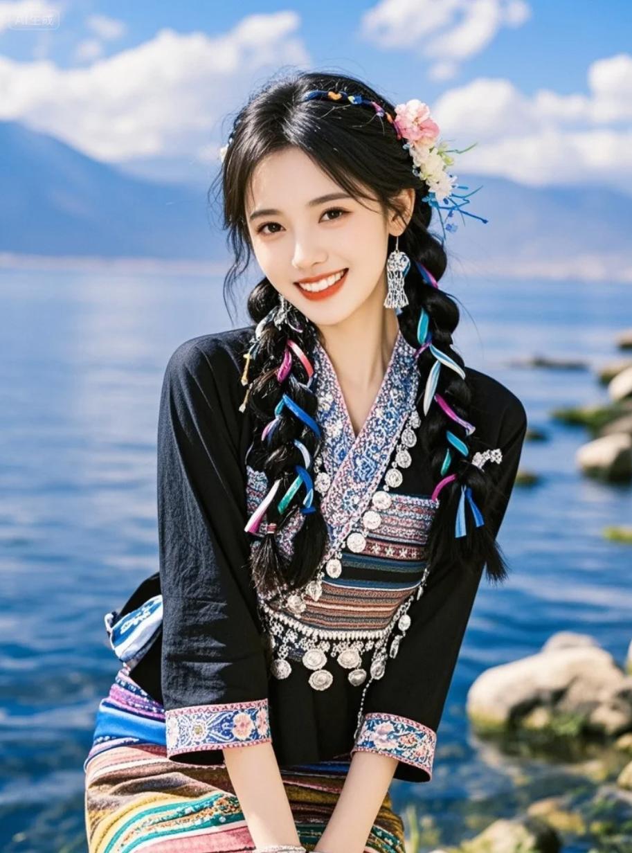哈尼少女在茶山湖岸采茶，回头一笑胜过万千风景