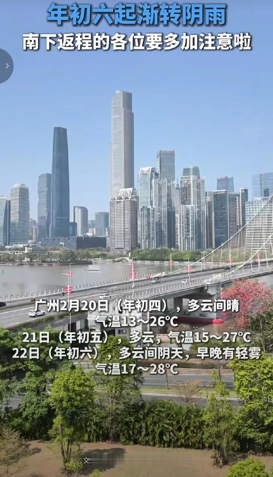 据广州气象台预计广州今明两天（2月20日年初四、21日年初五）冷空气影响持续减