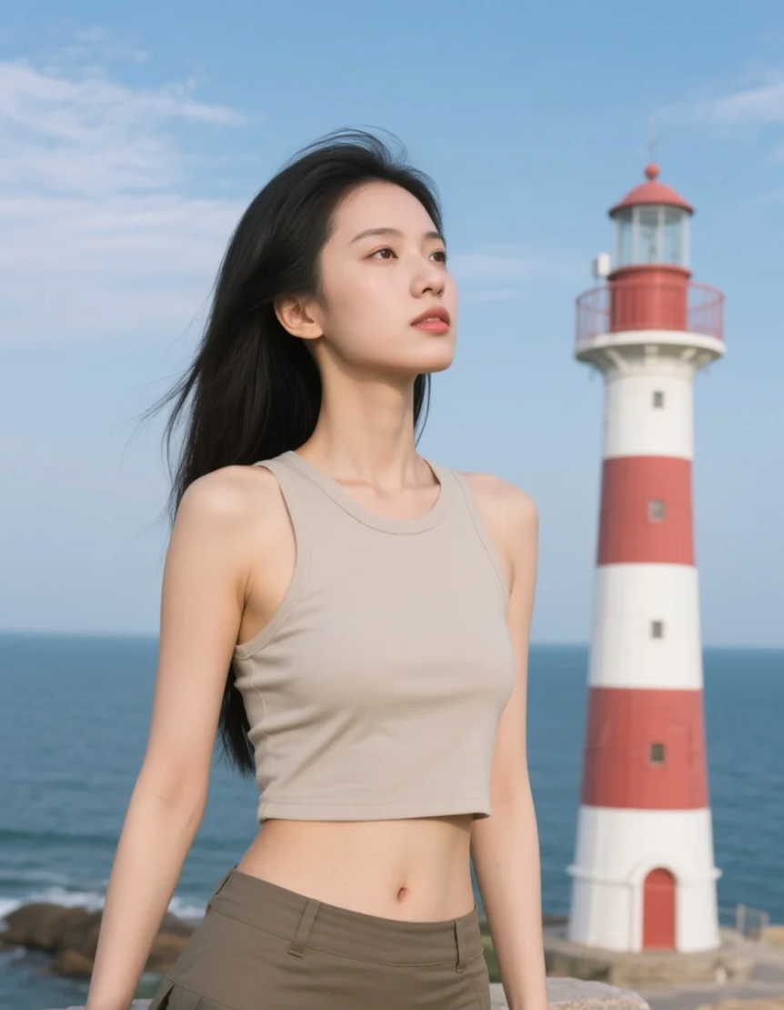 灯塔旁的亚洲美女，凝望着遥远的天际线