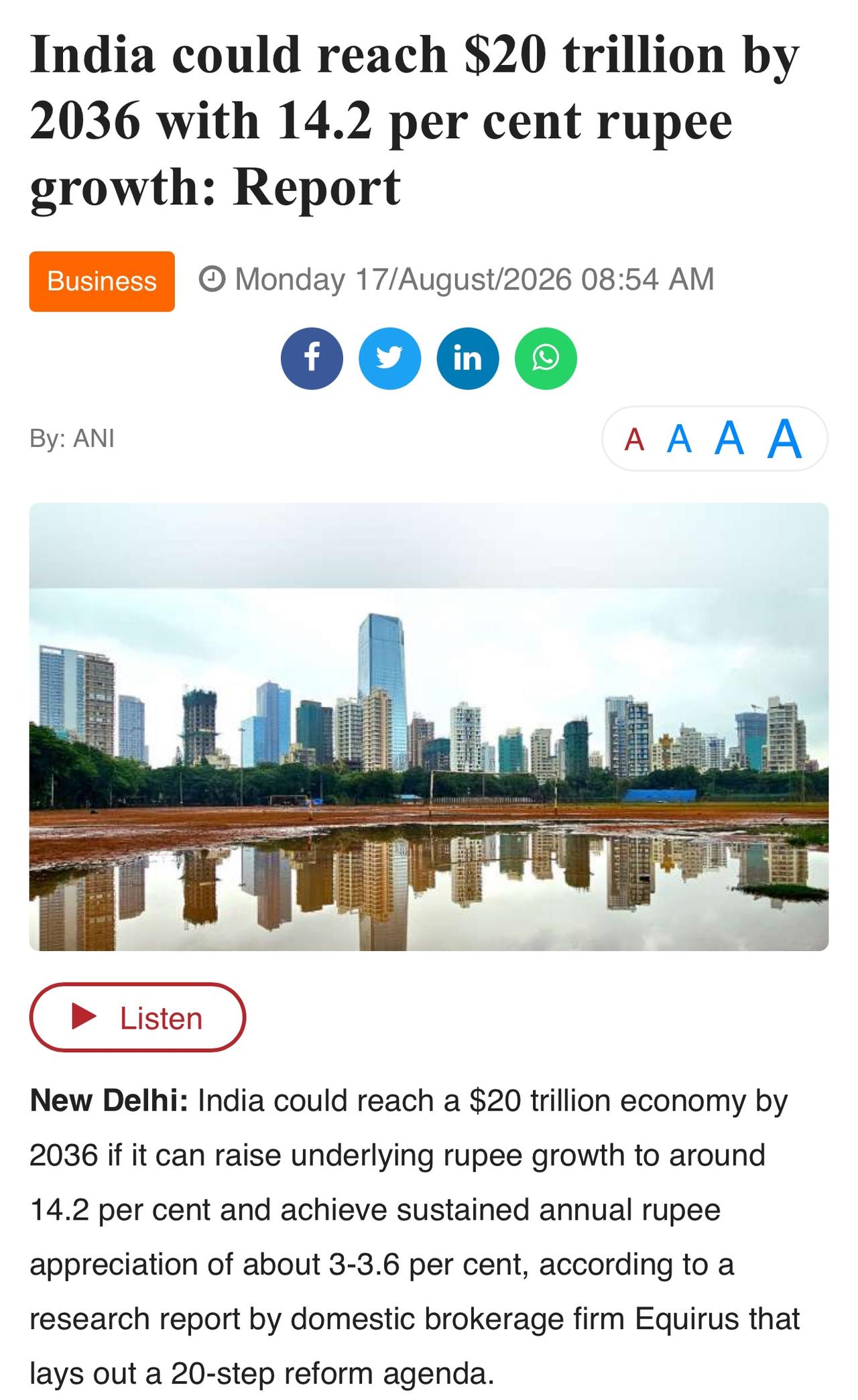 印度媒体：2036年，印度的经济规模可以达到20万亿美元。据印度国内券商Eq