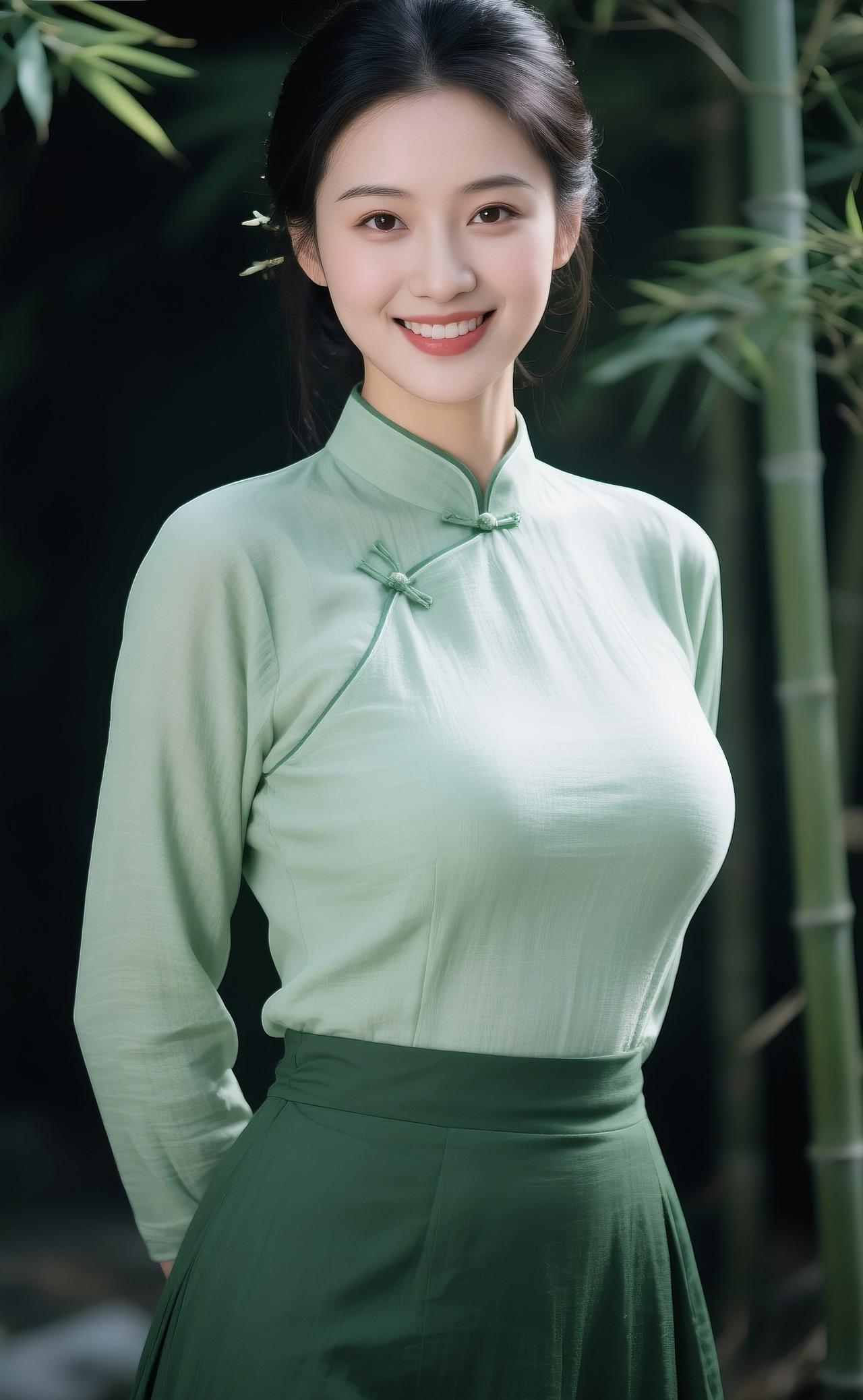 绿色中式装与竹林呼应，尽显东方雅致