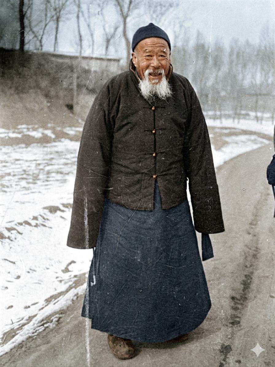 民国，北方乡野冬日，残雪覆郊途，老者一身中式棉袍，盘扣规整，袍衫厚重，头戴瓜皮小