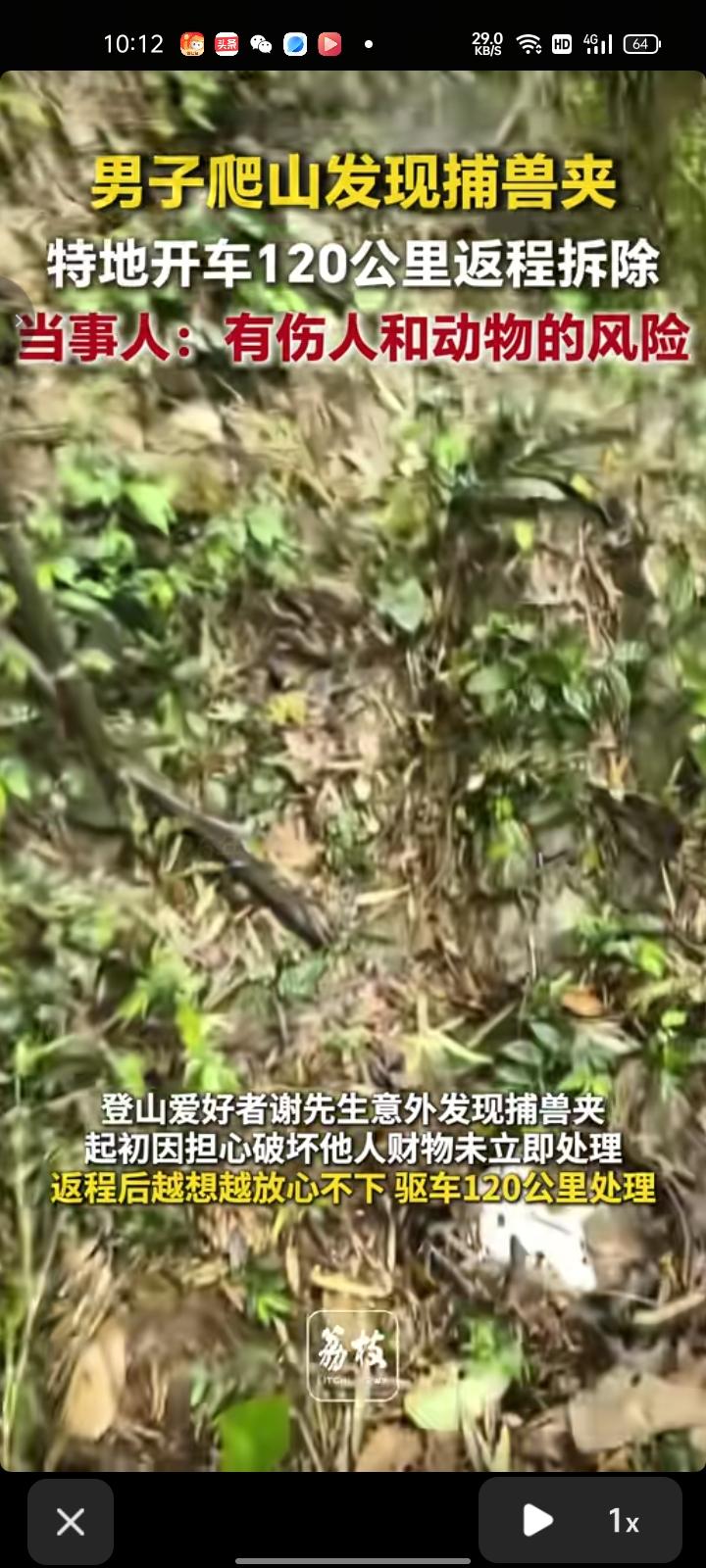 3月26日，广东韶关。网友发视频称，自己去爬山意外发现捕兽夹，这个捕兽夹一般是捕