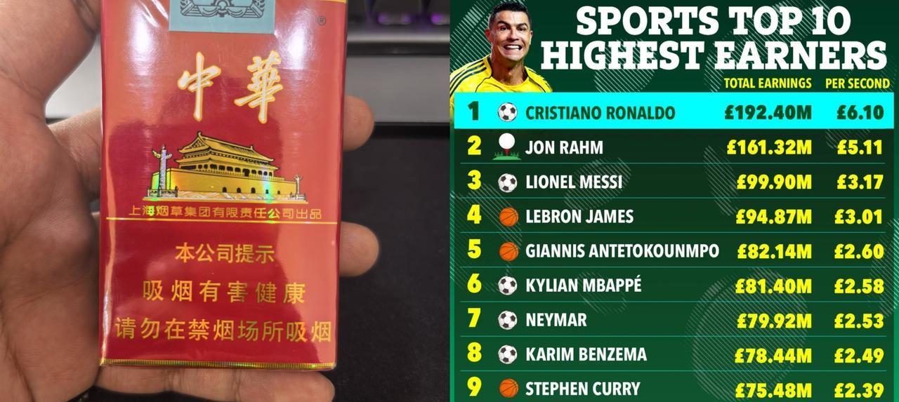 C罗秒薪6.1镑，约一包软华子！梅西秒薪3.17镑，约一包黑利群！内马尔秒薪