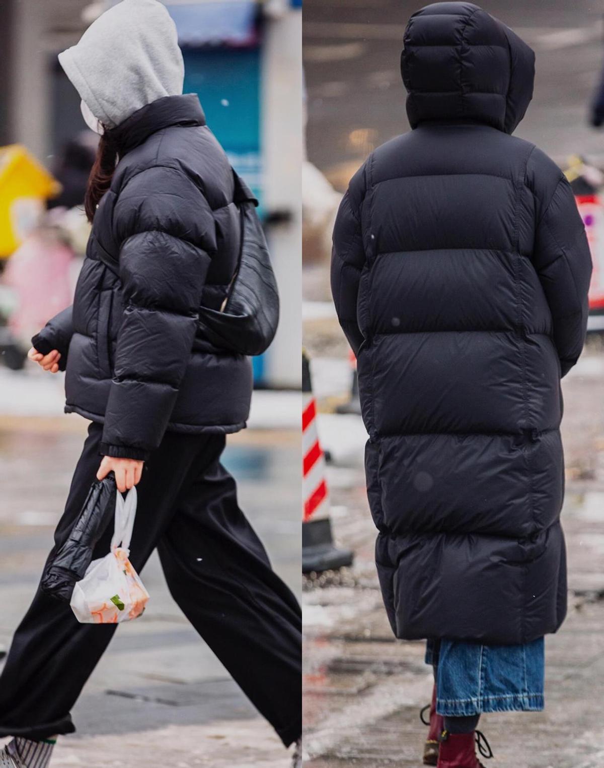 时尚博主说，黑色短款羽绒服配同色阔腿裤，显高。上短下长，衣角塞进裤腰。内搭棕