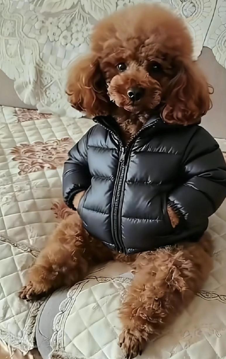 一本正经的人模狗样，它也穿上了羽绒服，还挺好看的。