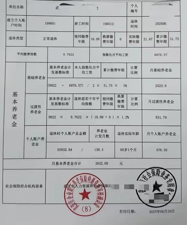 一份武汉市的企业职工退休养老待遇：月享基本养老金¥3832。这是一位男性企
