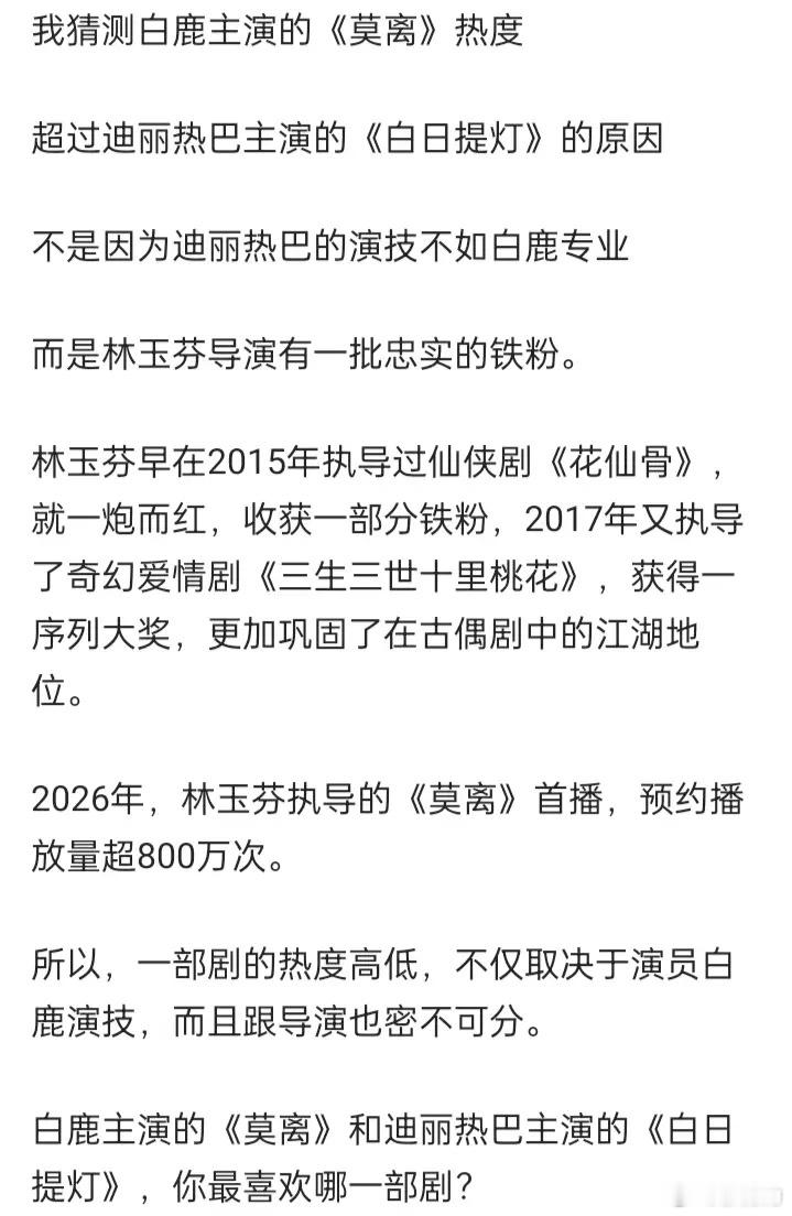 热度PK背后：当“顶流演员”遇上“爆款导演”，谁才是收视密码？网传白鹿主演的《莫