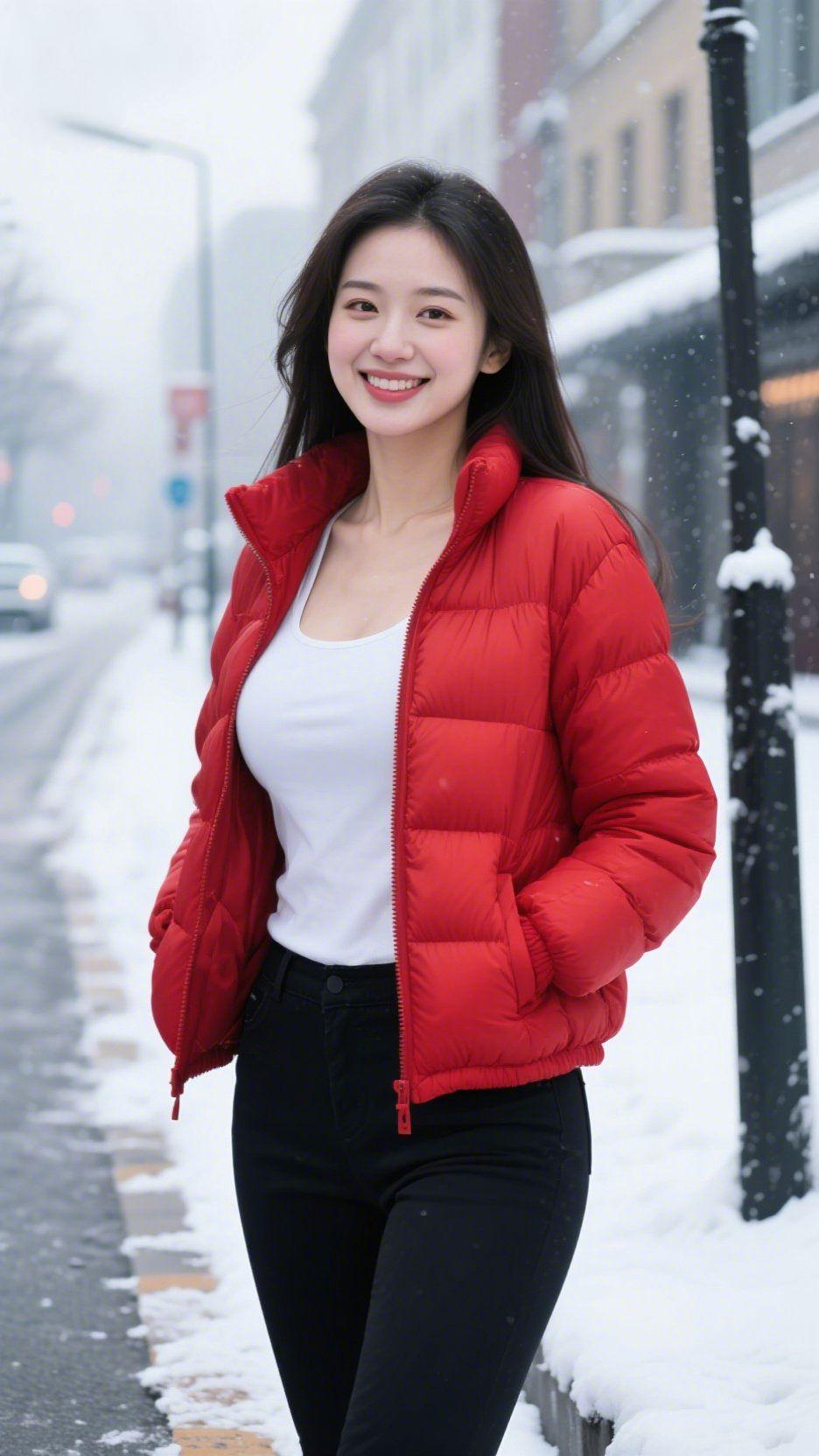 雪街静落雪裹着长街的凉意，她衣间的红揉着暖阳的温软，笑意衬着雪色的舒展，都