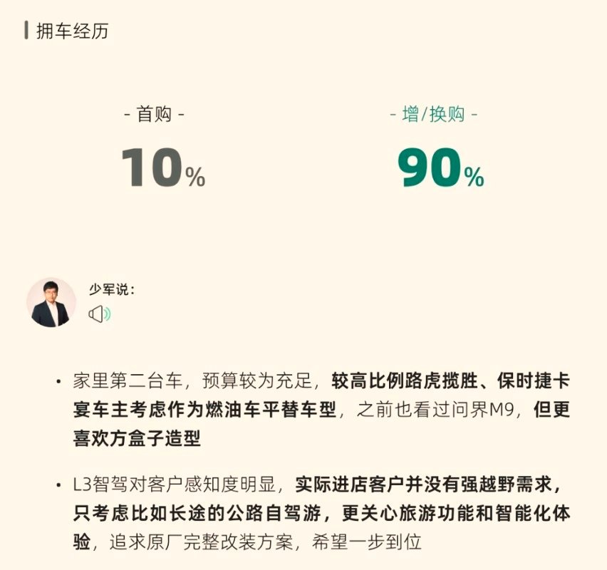 这是享界G9订单用户统计。抢了很多揽胜级别的增换购车主。  神行者8上...