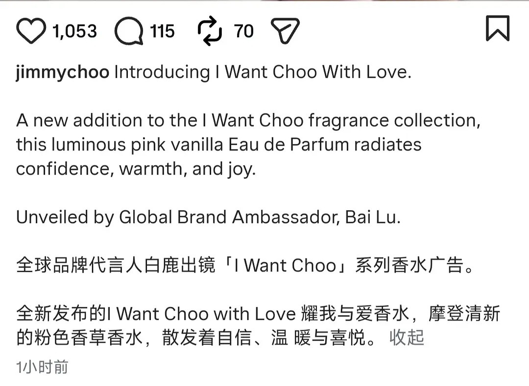 高奢品牌JimmyChoo全球官宣白鹿为全球品牌代言人。终于不是内娱特供了，白
