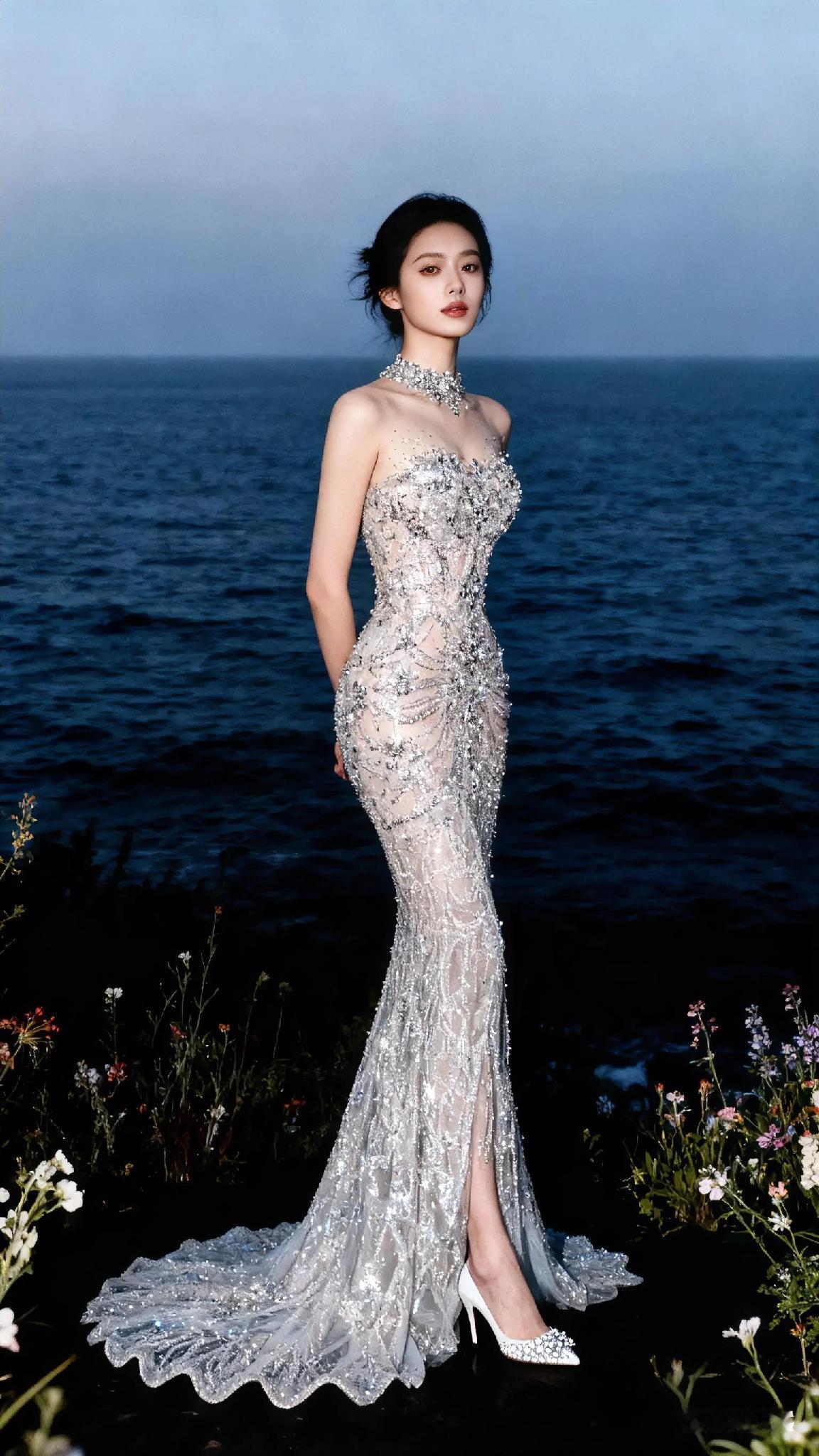 海边漫步，银光闪闪的晚礼服，宛如海浪中的精灵海边氛围感长裙度假风沙滩长裙