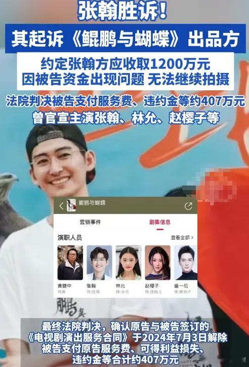 张翰受邀拍戏，片酬1200万。签约后，出品方资金出现问题，不能继续拍摄。张翰遂起