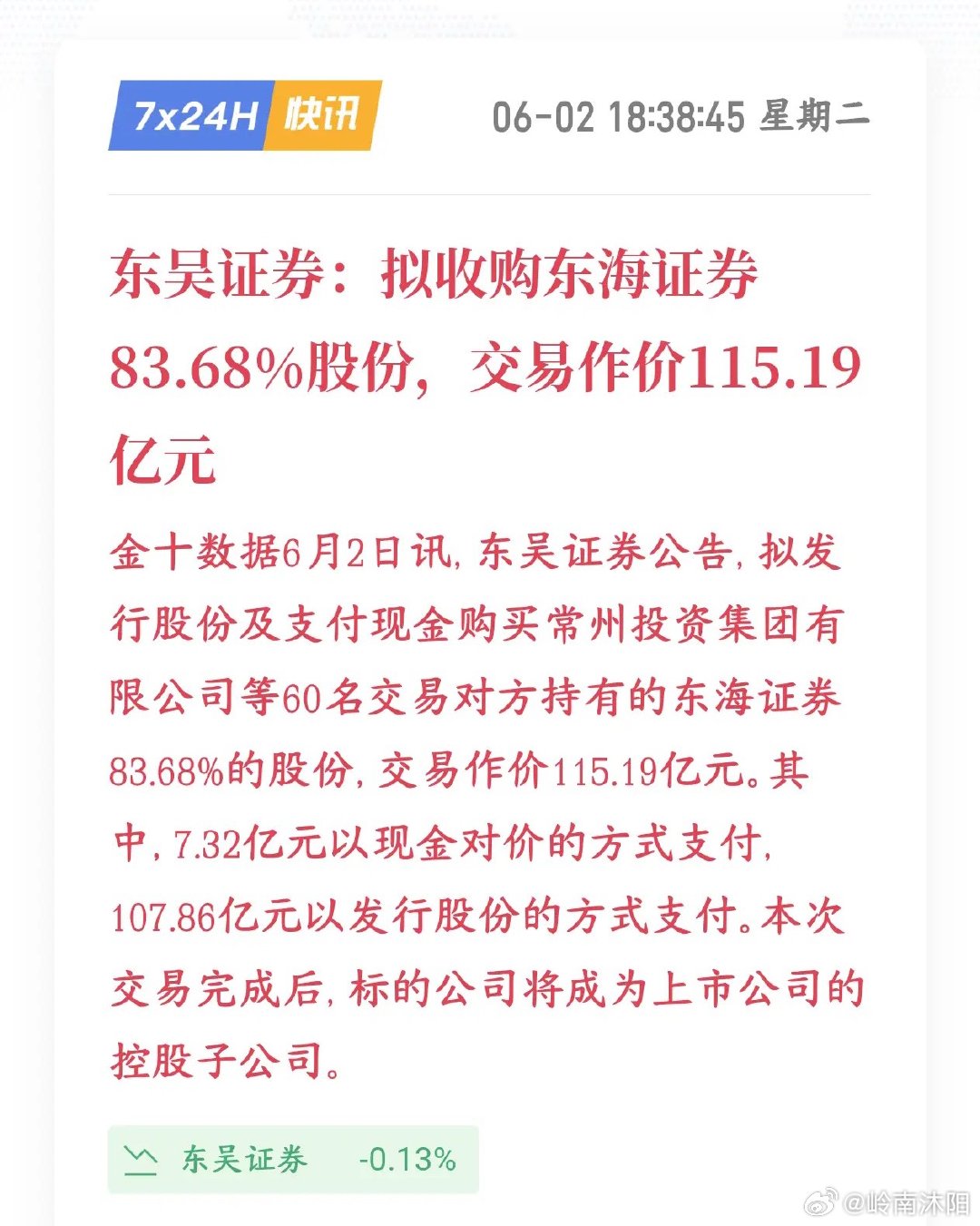 券商板块再迎重组催化，东吴证券官宣百亿并购落地细节，公司斥资115.19亿元收购