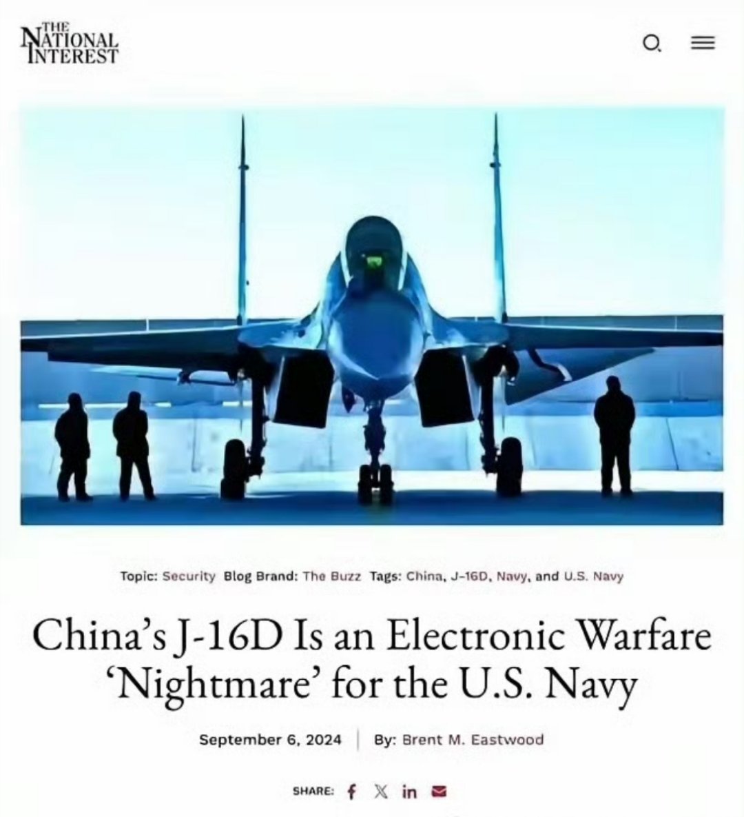 美媒《国家利益》美国退役飞行员称：J16D电子战机可干扰/欺骗美国E2C预警机。