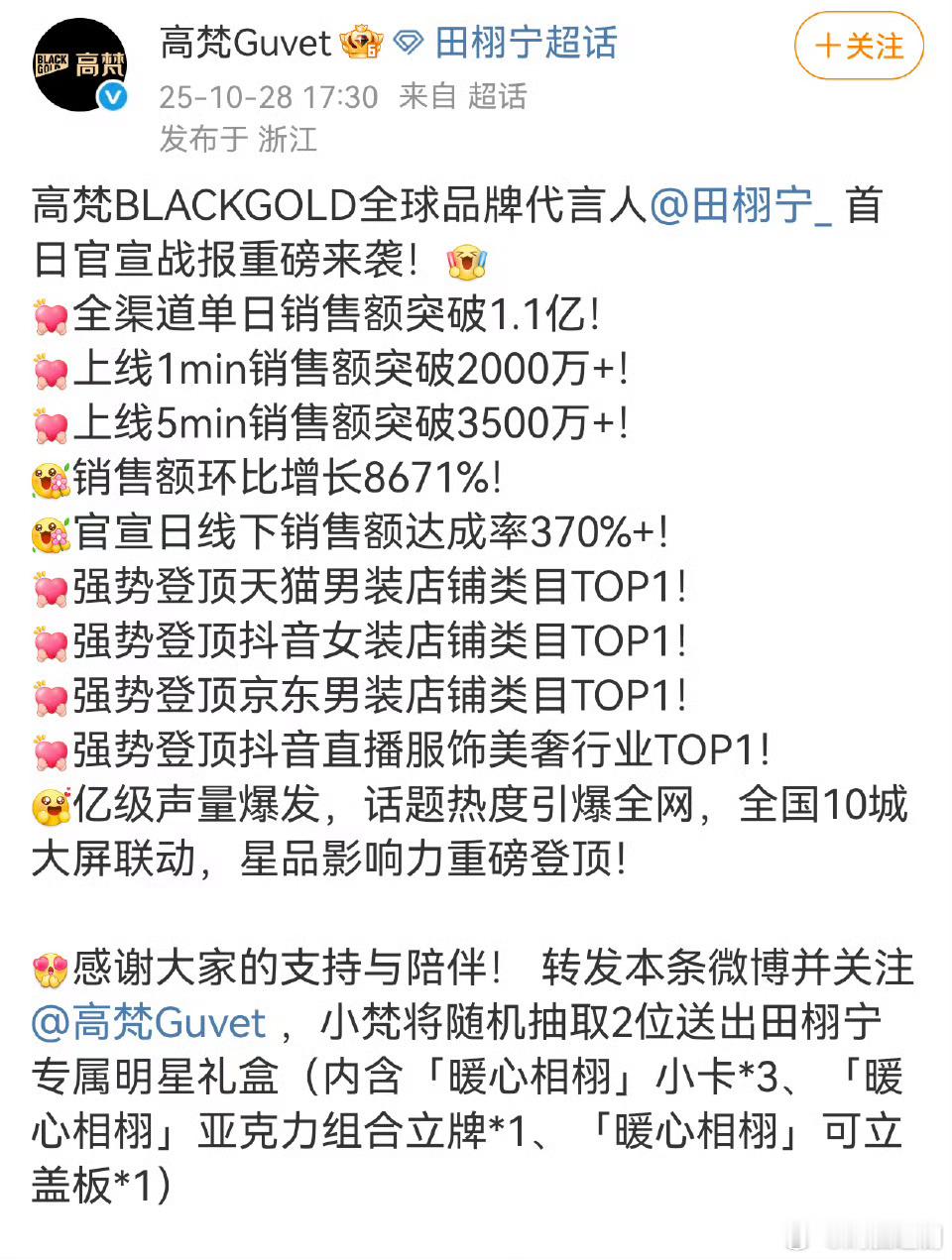 田栩宁官宣品牌战报！单日破1.1亿，这个真的有点夸张了[笑着哭]，这么好的结果