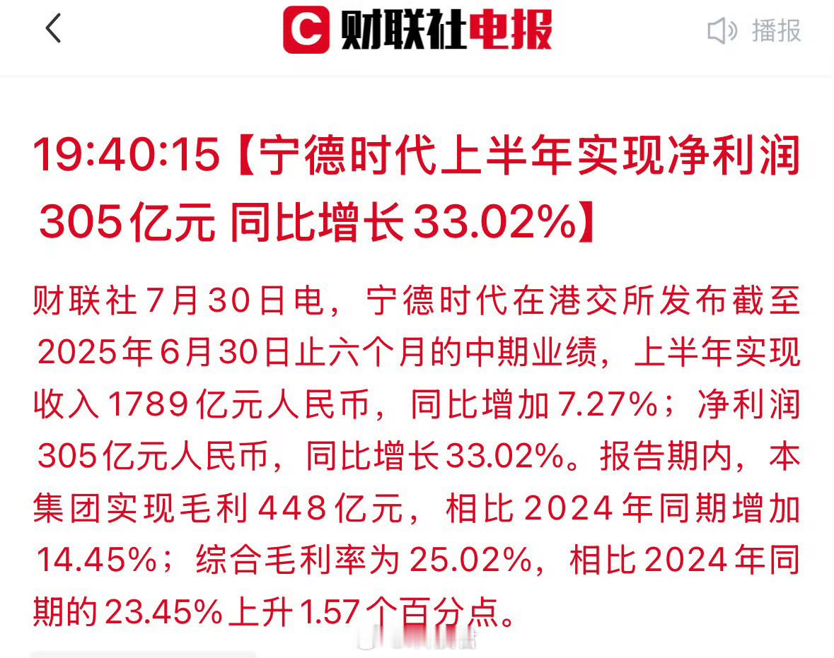 宁德时代上半年净利润同比增长33.02%至305亿，毛利率25.02%，超过