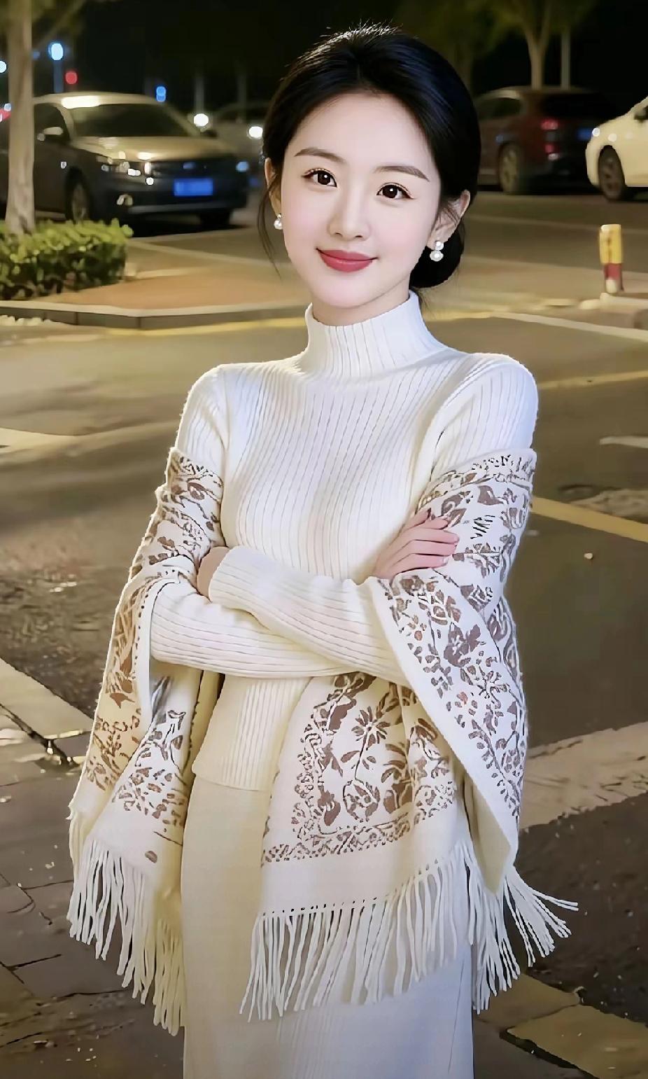 优雅冬日穿搭，白色毛衣+蕾丝披肩，温暖又时尚！