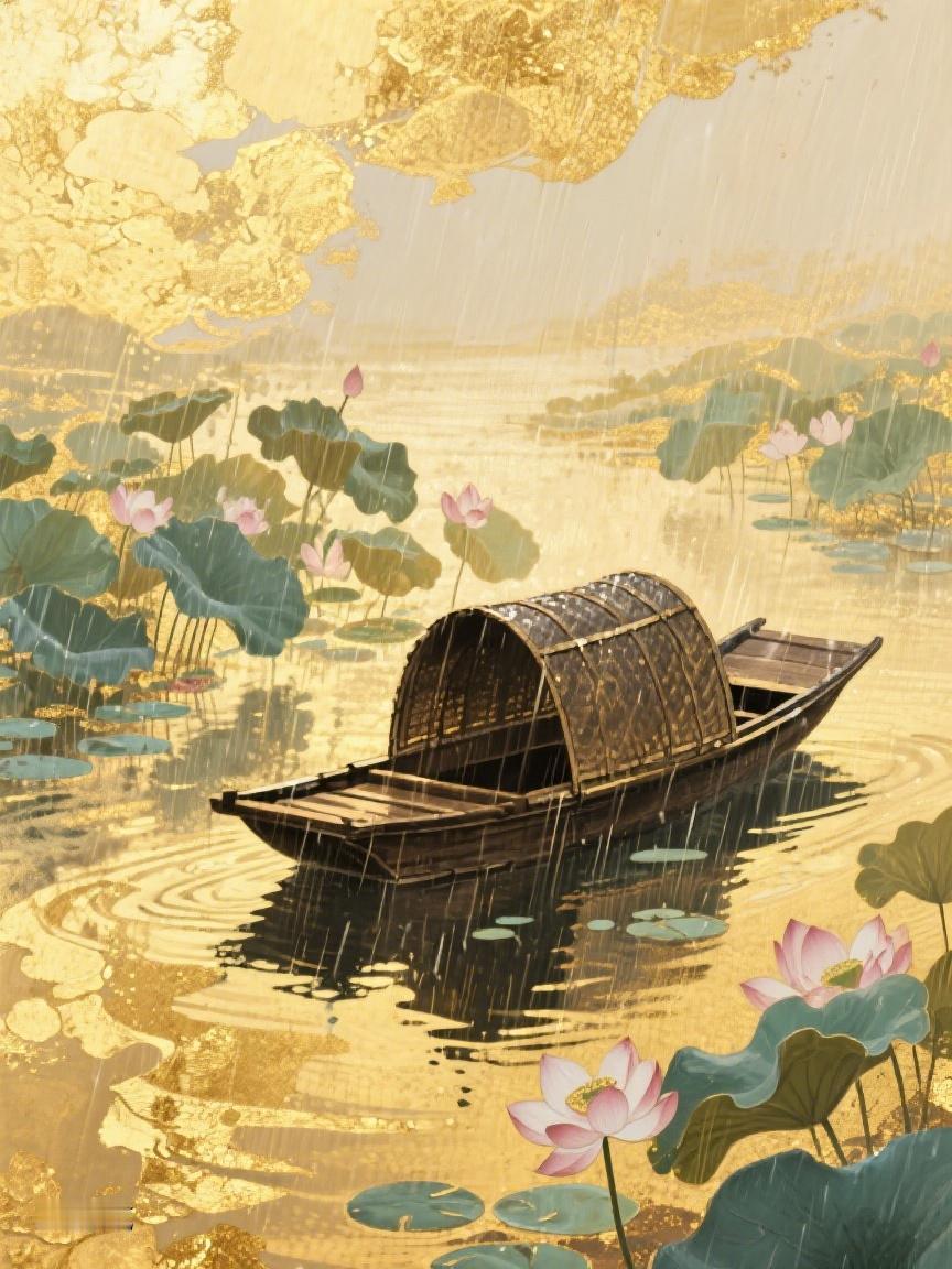 AI妙生图细雨中，金色荷塘里的小船，似在时光之河悠然漂浮，于静谧处寻心灵港湾🎨