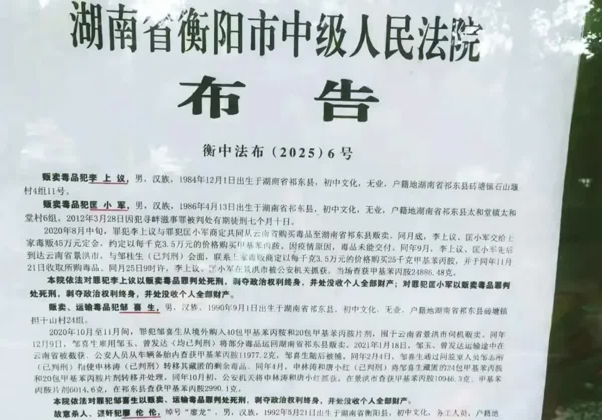 枪决公告引发热议，湖南衡阳法院震动湖南衡阳中院公布了一份关于四名罪犯的严惩公