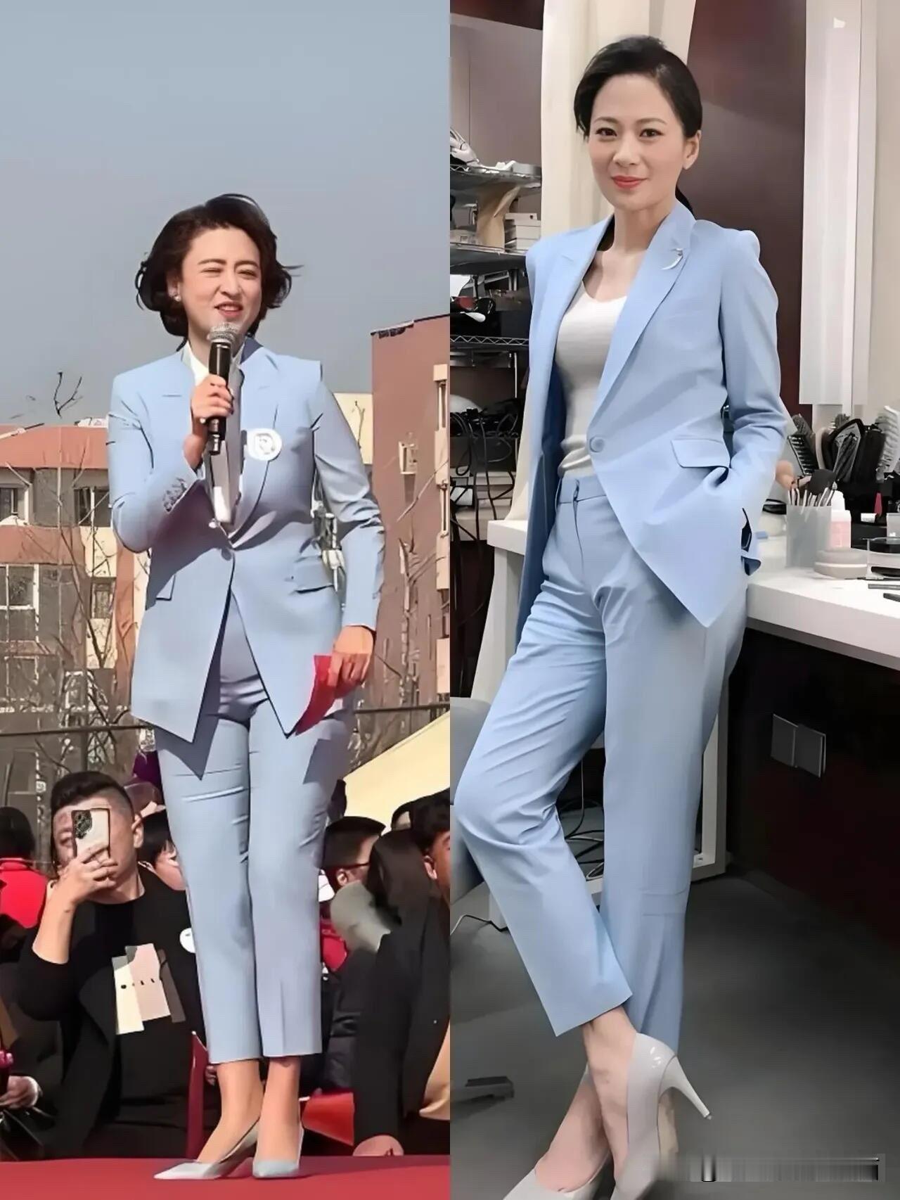 看来微胖一点的美女还是不太适合这种修身款的西装套装，同样的衣服穿在陈蓓蓓身上，就