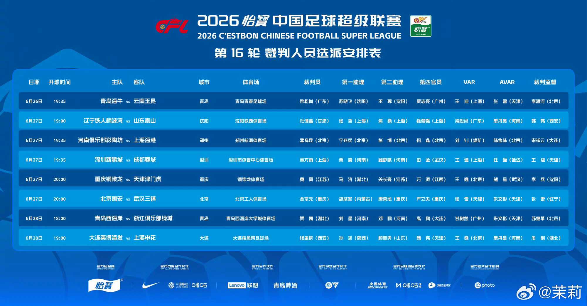 深圳新鹏城中超联赛第16轮裁判选派结果公布如图，执法深圳新鹏城vs成都蓉城的