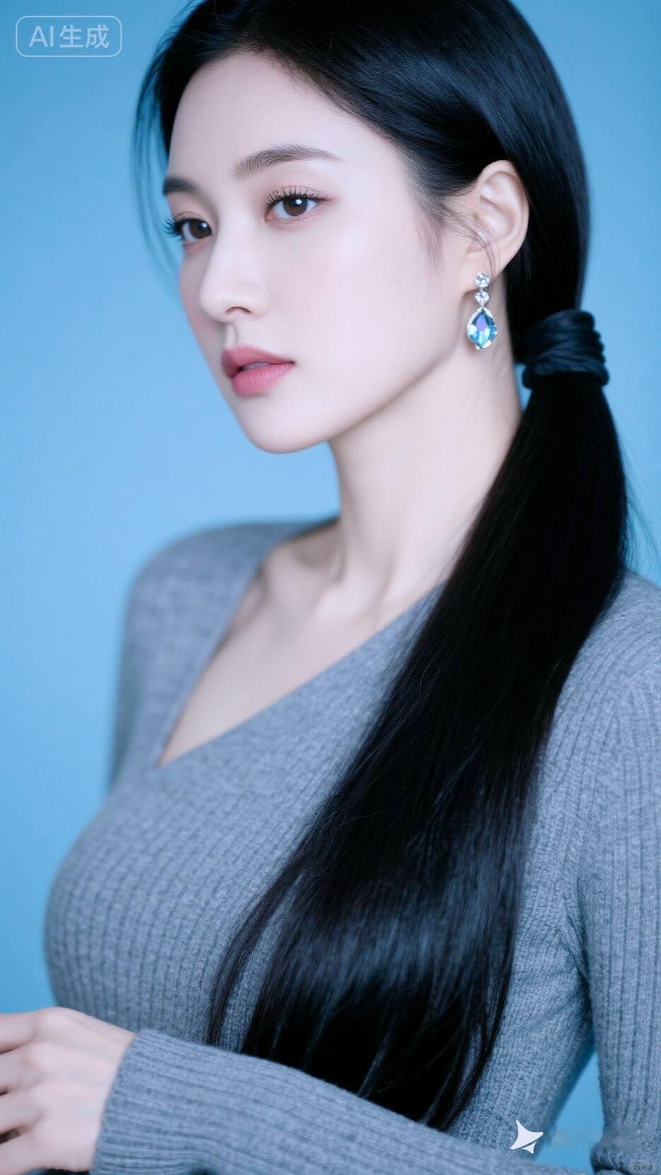 优雅黑发，蓝调背景，气质女神，时尚穿搭