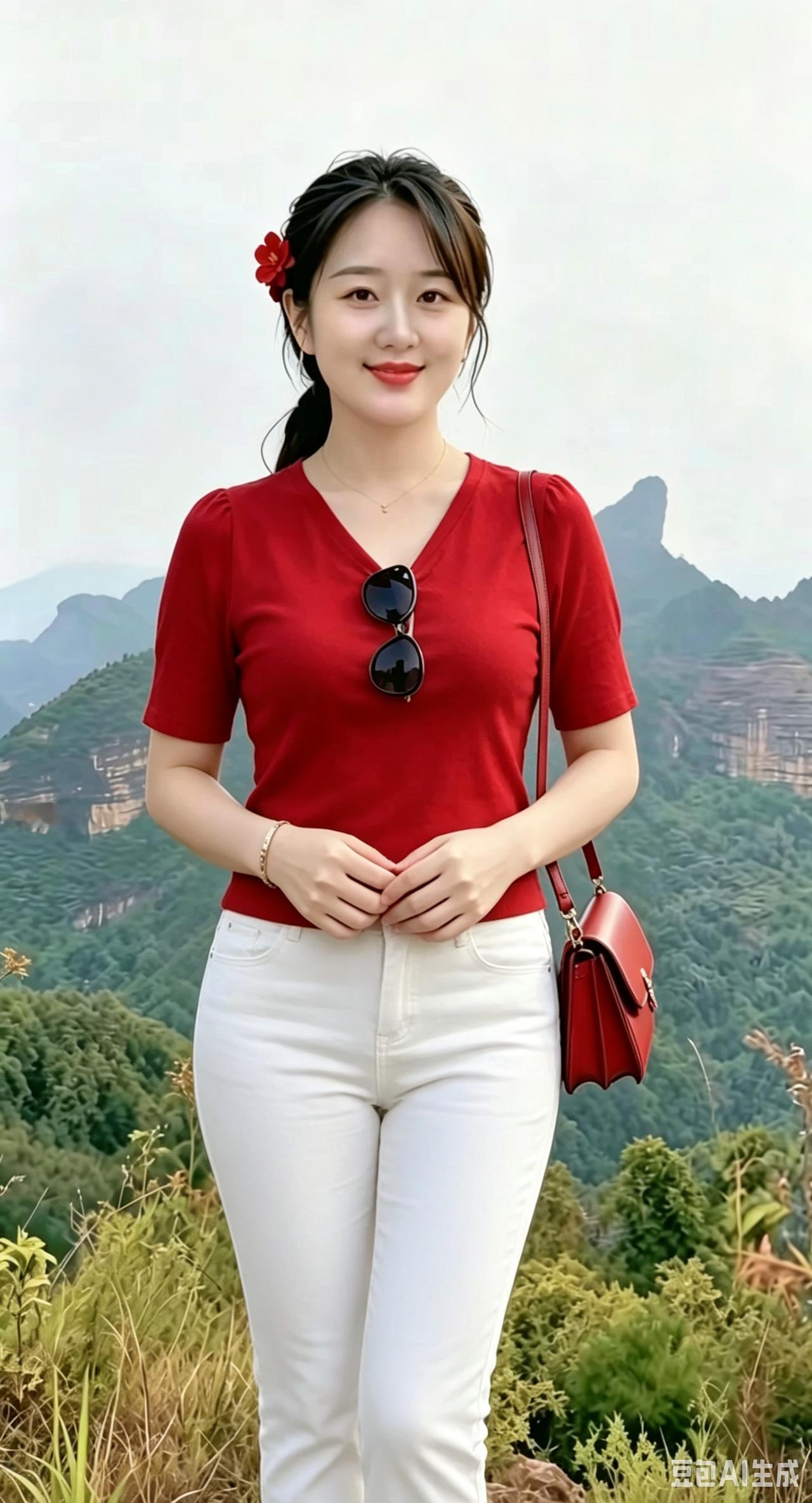 青山丽姿远岭层叠翠色漫，奇峰座座立云天。山间芳草随风曳，一朵红花鬓上