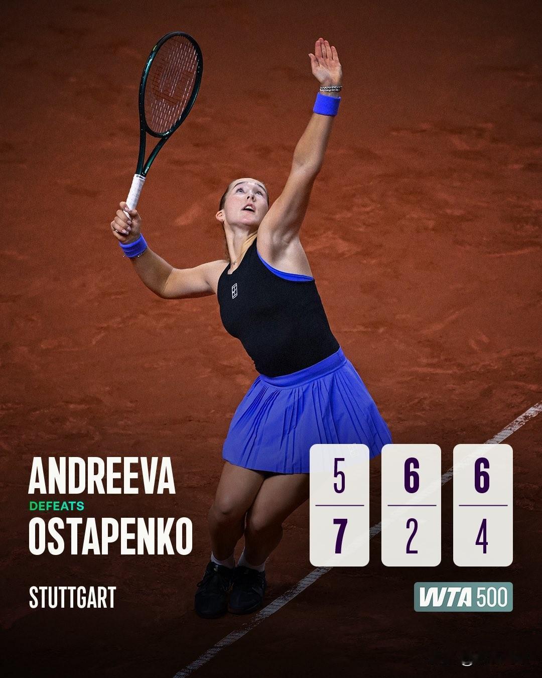 WTA500斯图加特次轮🇷🇺安德烈娃5-7/6-2/6-4逆转奥斯塔彭科?