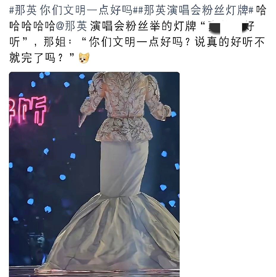 那英在近日的演唱会上，当场冲着台下喊话，让粉丝“你们文明一点好吗？说真的好听不就完了吗？”。底下那块