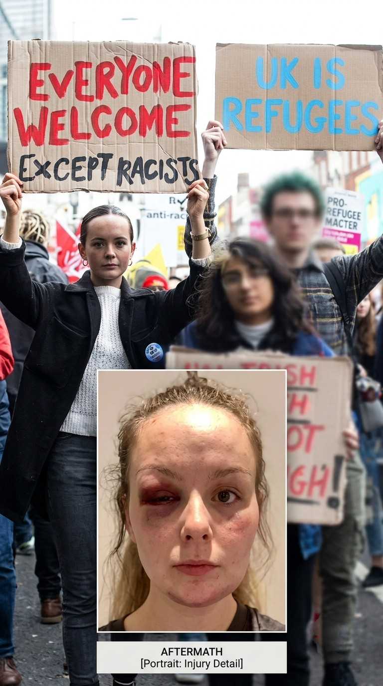 一个英国白左女性举着标语抗议，标语上写着：“欢迎所有人，除了种族主义者。”这