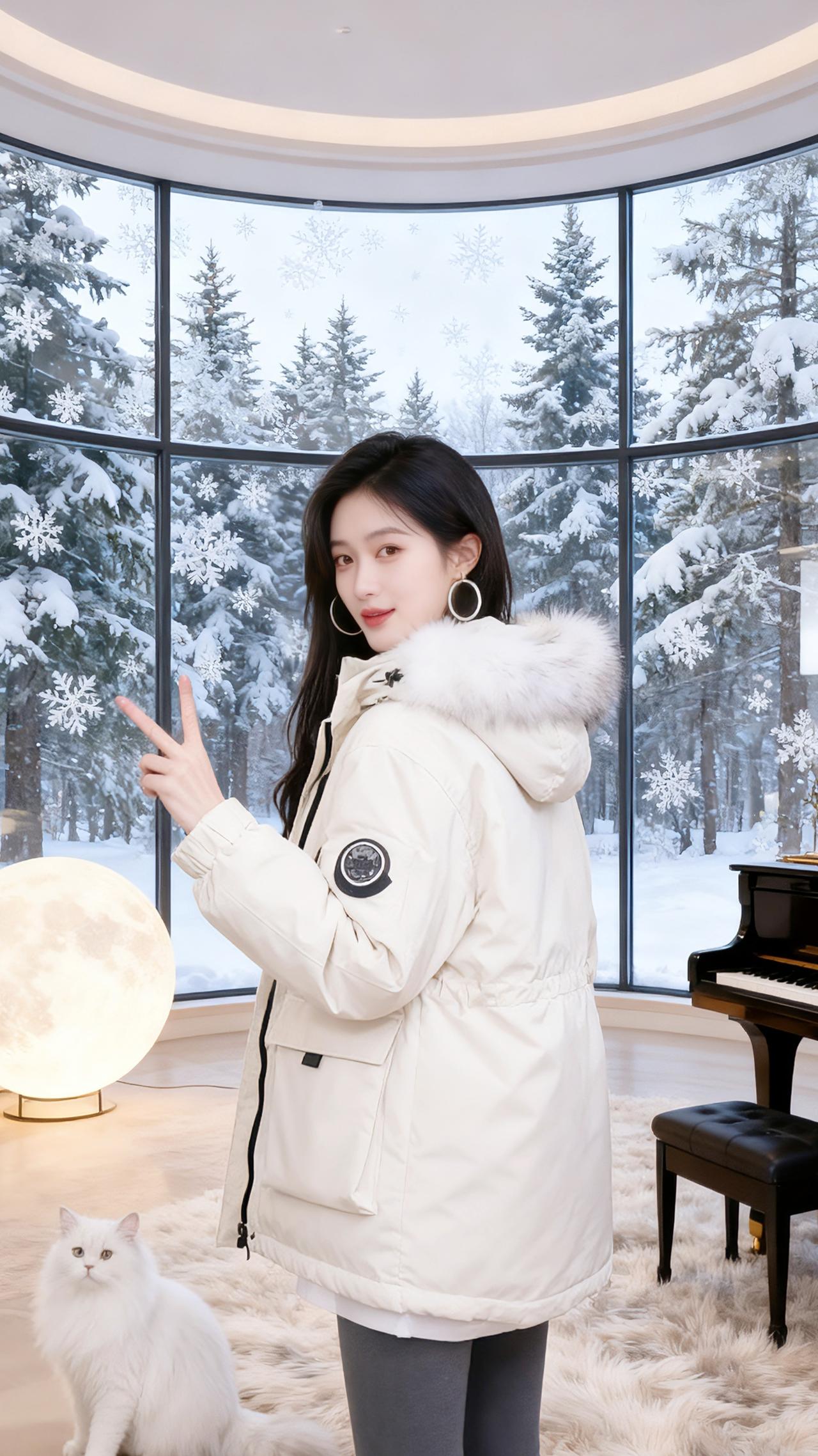 《冬窗里的暖白》她裹着一身蓬松的暖，像把窗外的雪揉软了披在肩上。米白羽绒服