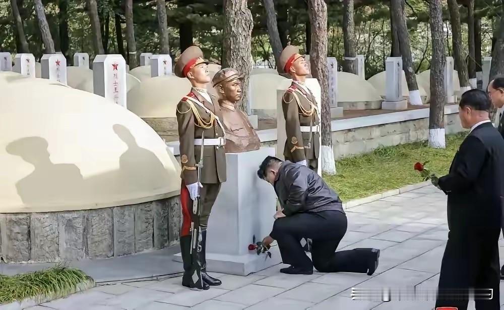 看到金正恩在毛岸英烈士墓前单膝跪下的画面,心里突然被触动了。单膝跪地,这个动