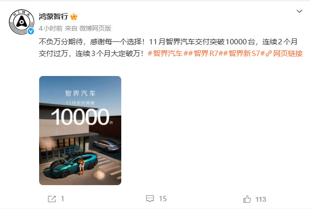 智界连续2个月交付过万据官方消息，11月智界汽车交付突破10000台，连续2个