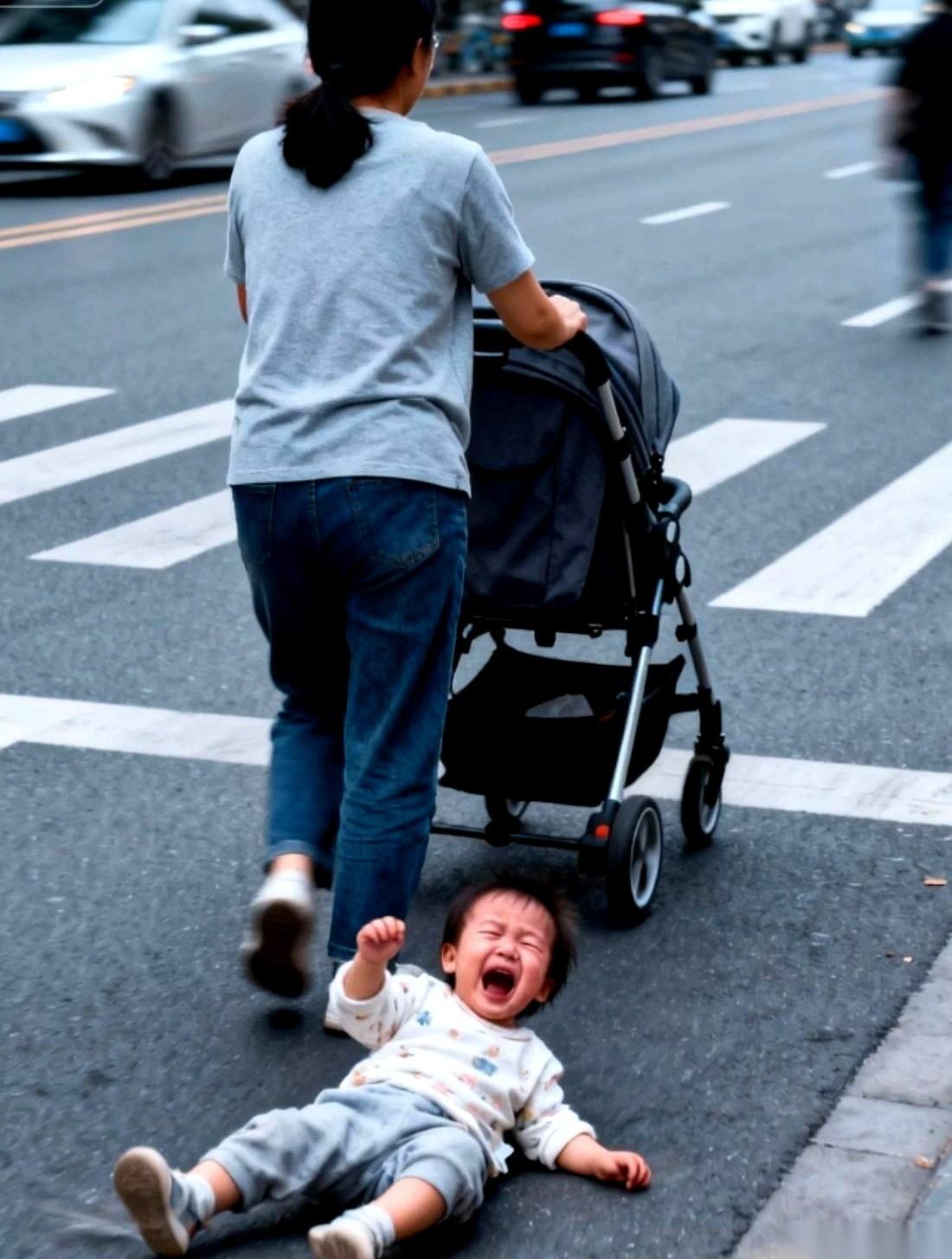 她回头看了一眼在马路上摔倒大哭的孩子。然后，把手里的婴儿车，推得更快了。真的