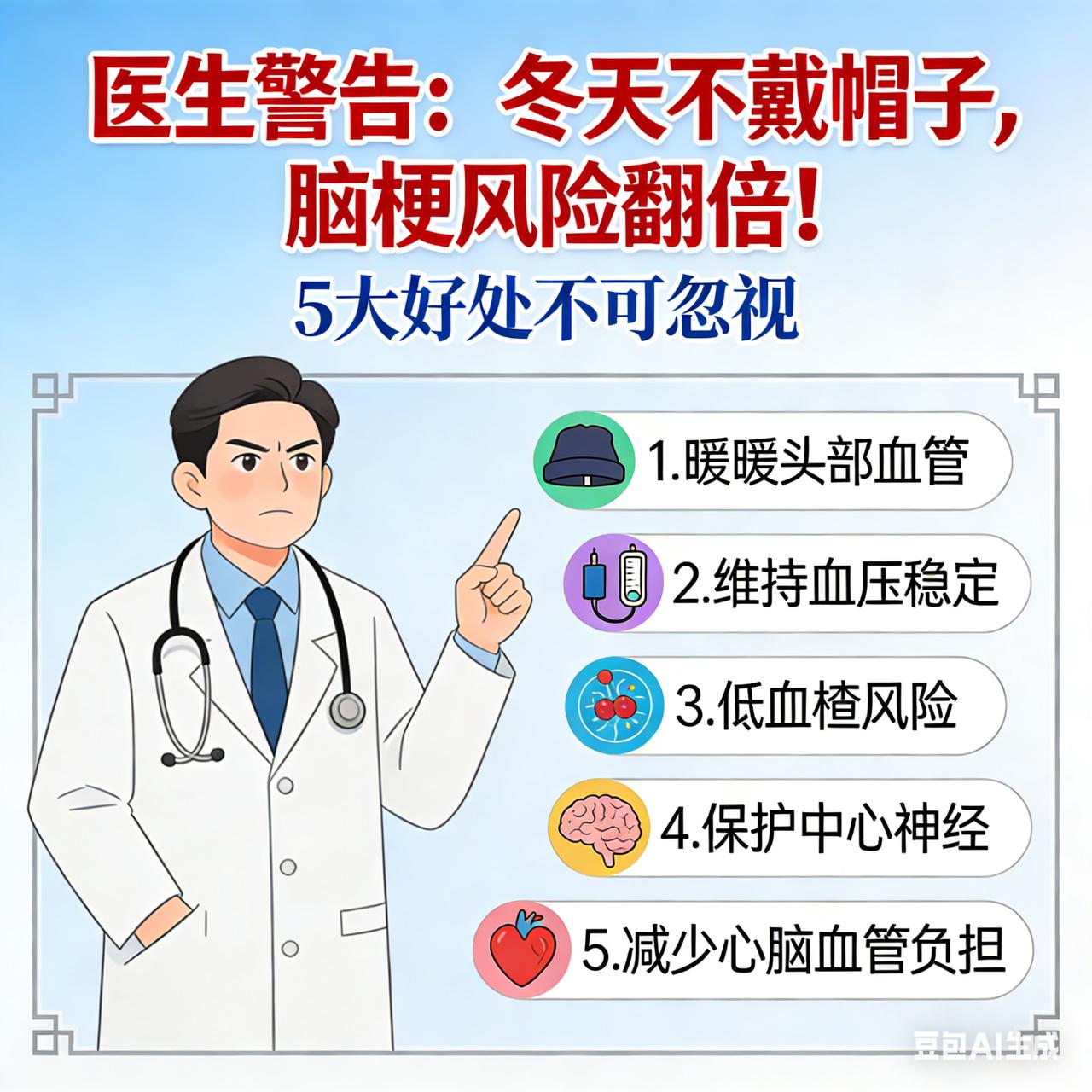 医生警告：冬天不戴帽子，脑梗风险翻倍！5大好处不可忽视为了让这篇文案具备**