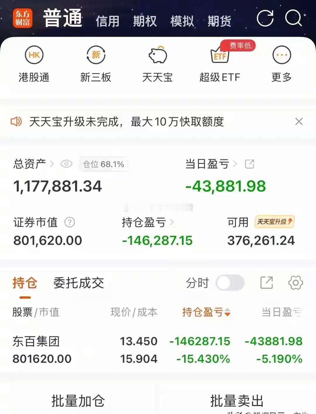一位股民重仓抄底东百集团，不料却精准抄在了下跌半山腰。该投资者以15.90元的成